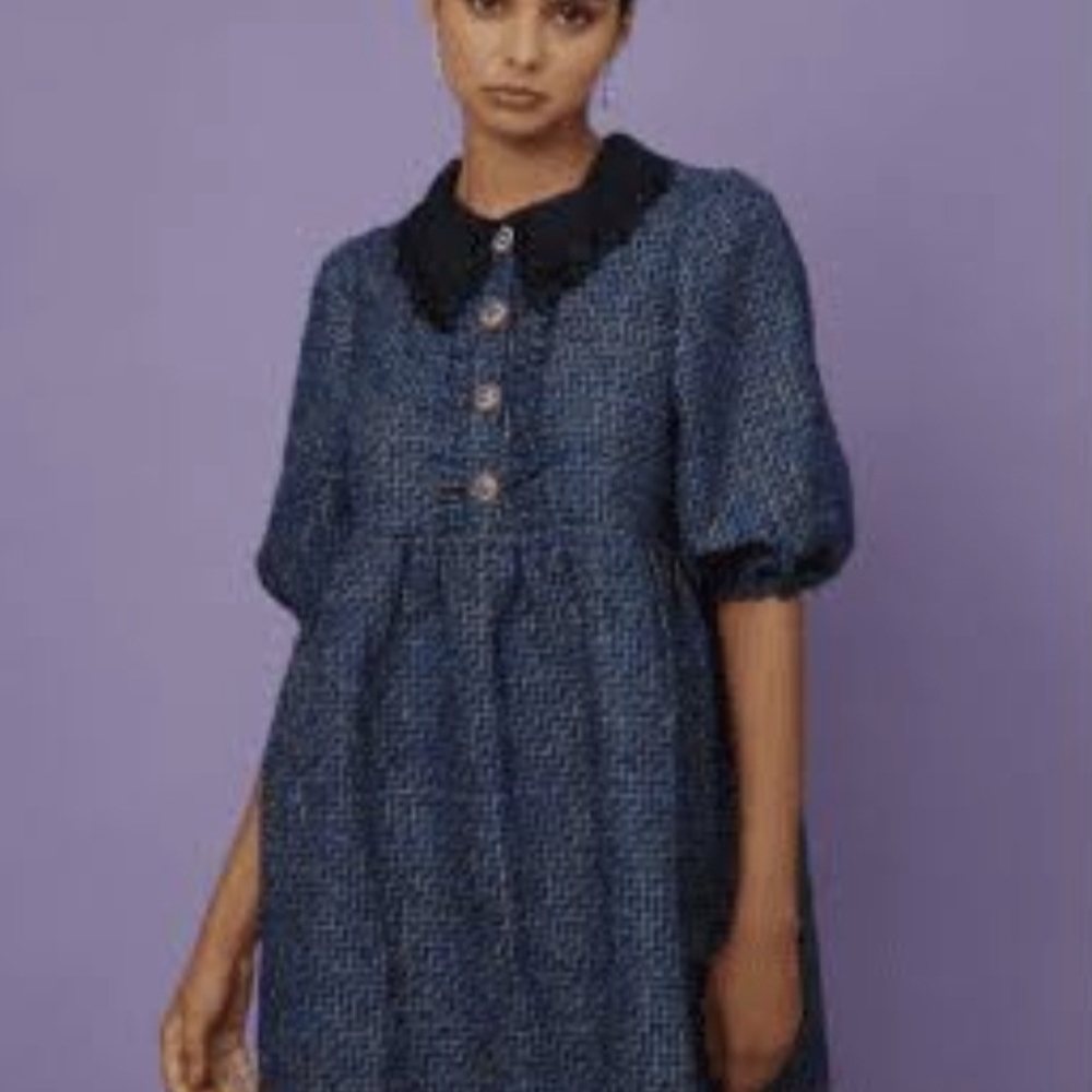 Sister Jane Blue Textured Dress with Black Collar